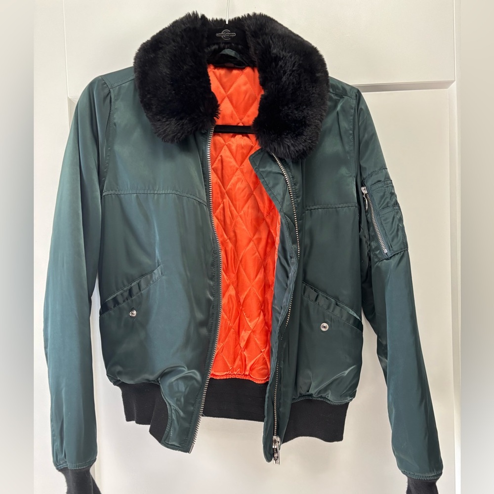 TopShop Womens Green Bomber Jacket with Black Faux Fur Collar